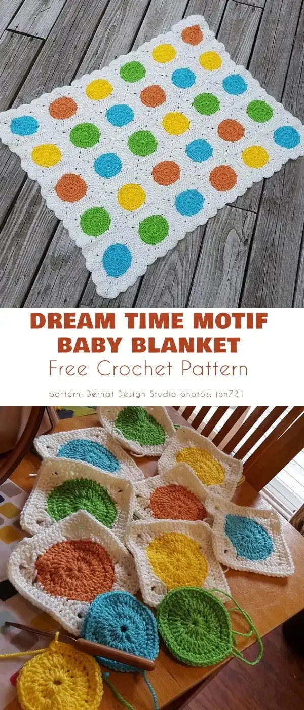 A colorful crochet baby blanket featuring multiple pastel-colored motifs, creating a cheerful 'Dream Time Blanket' design.