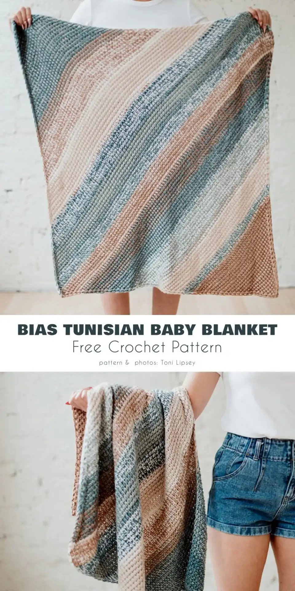 A close-up of a blue Tunisian crochet baby blanket showing a distinct diagonal pattern, highlighting the Bias Tunisian Baby Blanket technique.