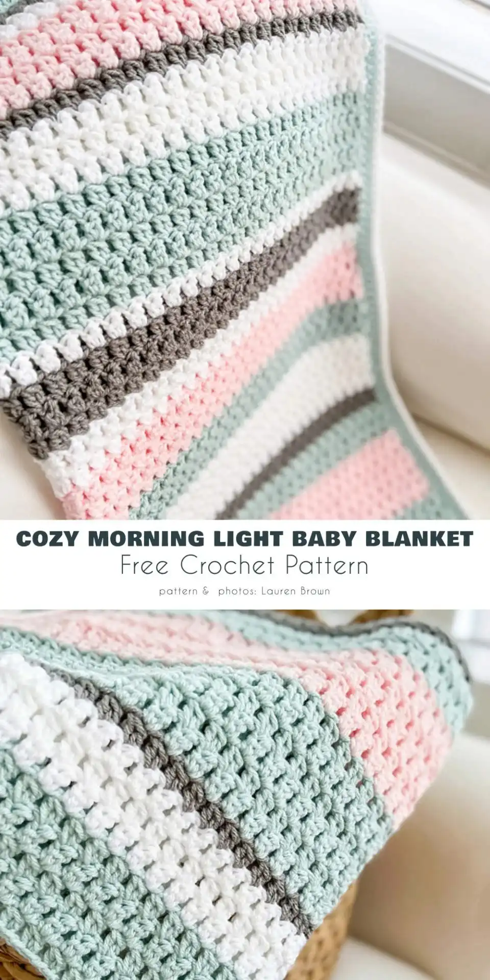 A soft teal and pink striped crochet baby blanket with a gentle wavy pattern, reflecting the 'Cozy Morning Light Blanket' aesthetic.