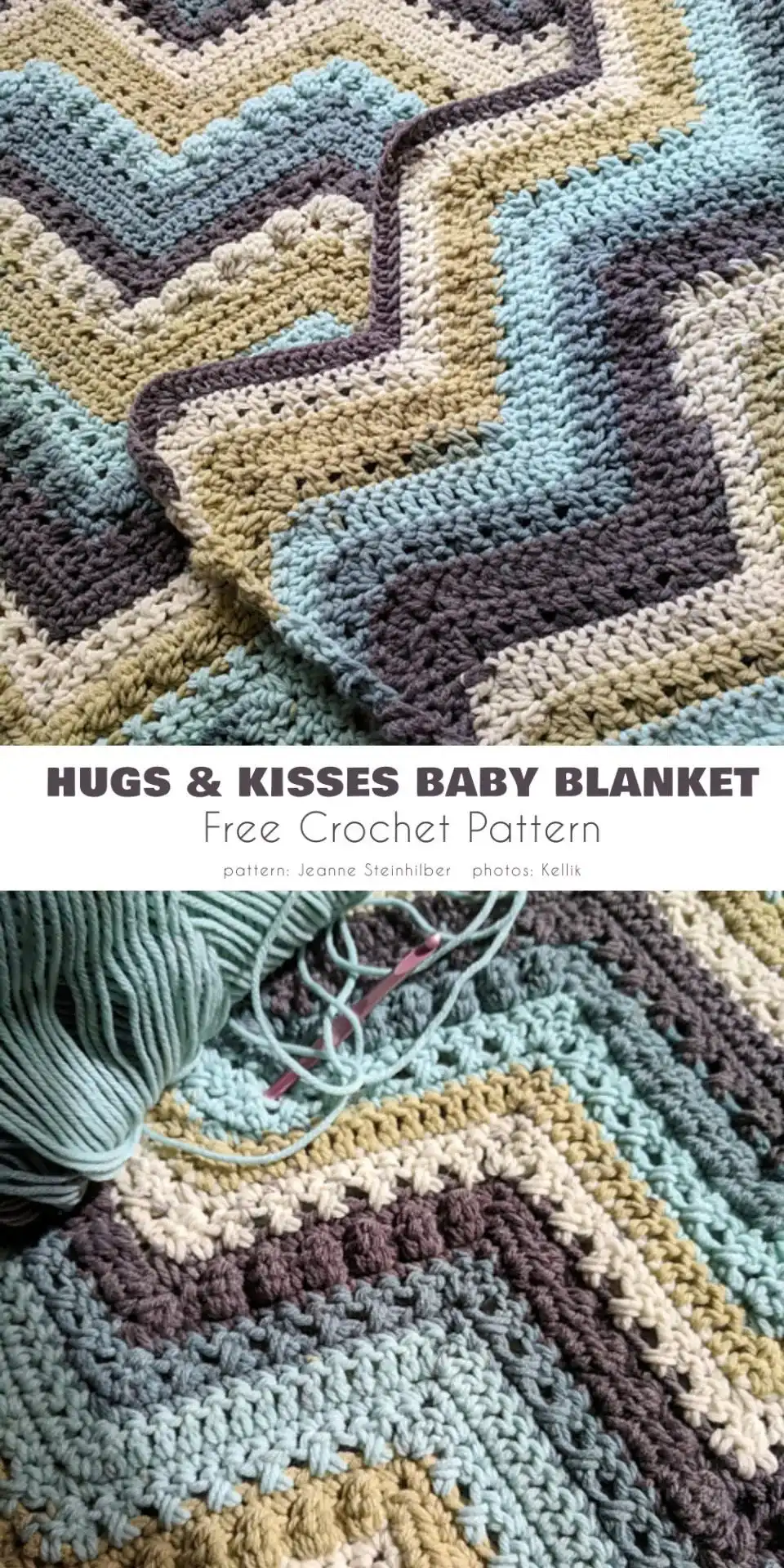 A white crochet baby blanket featuring prominent 'X' and 'O' stitches, illustrating the beloved Hugs & Kisses Baby Blanket pattern.