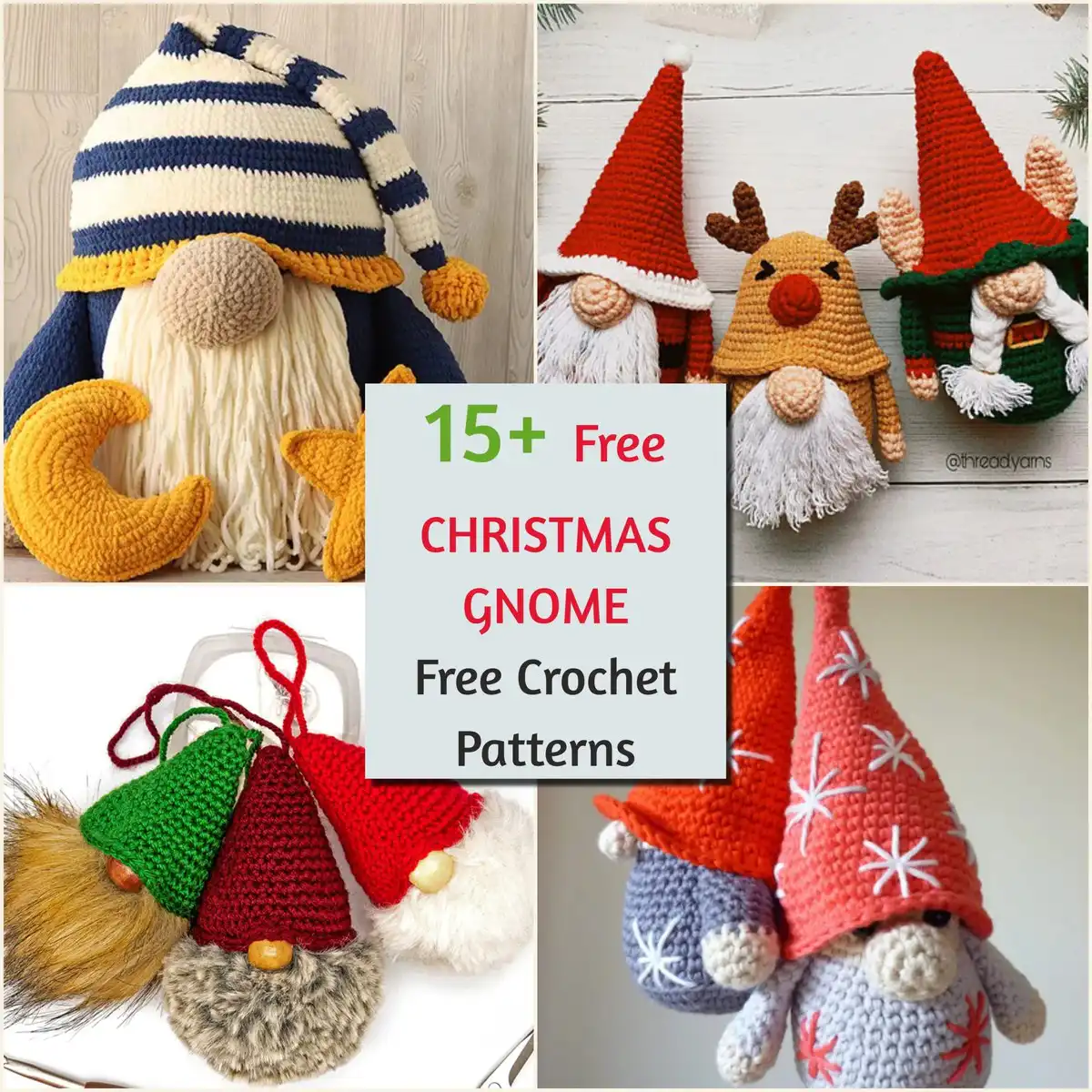 Collection of various crocheted Winter Gnomes in different styles and colors, showcasing festive holiday decor