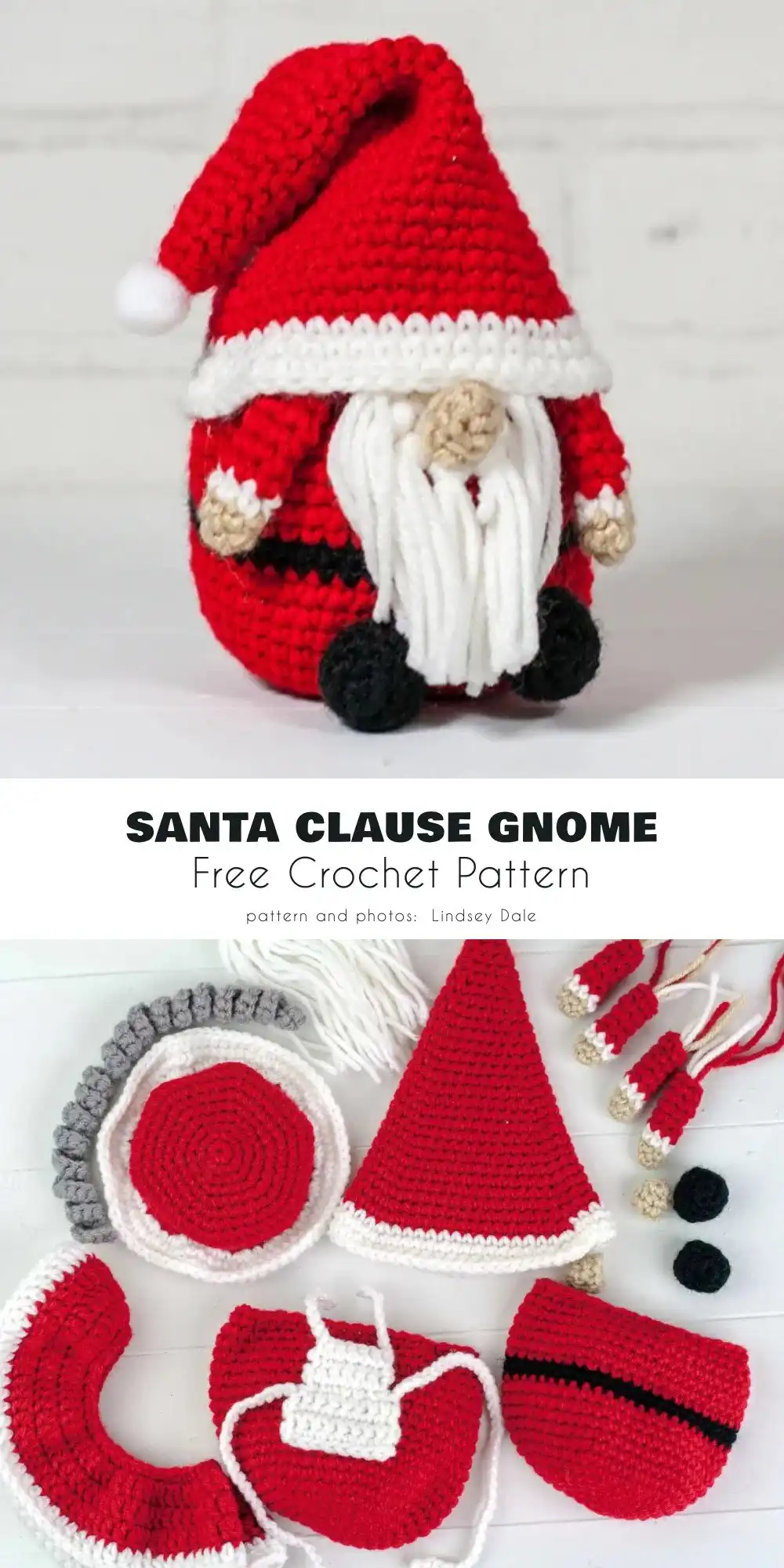Two crocheted Danish Christmas Gnome dolls, one with a solid red hat and another with a striped hat, sitting on steps.