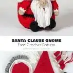 Two wine bottles adorned with crocheted Gnome Bottle Toppers, featuring green and red hats and faux fur beards, beside a mini Christmas tree.