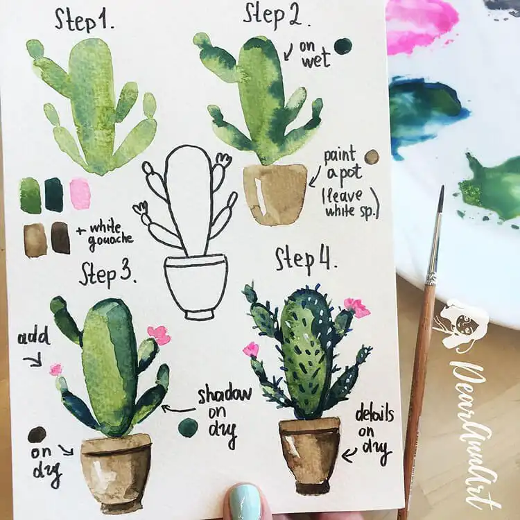A charming Cactus with Flowers Tutorial watercolor, featuring green cacti with vibrant pink blooms in decorative pots.