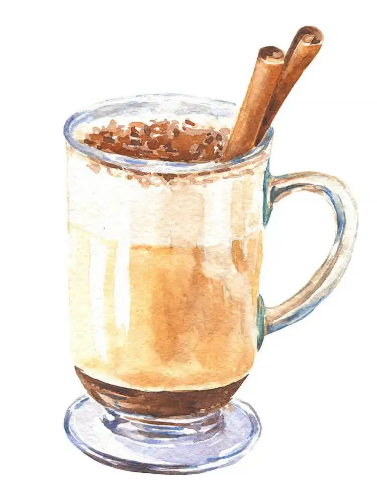 A warm Coffee with a Cinnamon Stick watercolor painting, showing steam, coffee layers, and a textured cinnamon stick.
