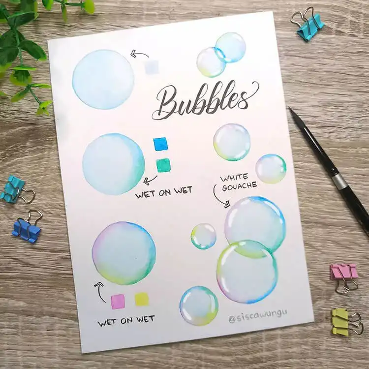 A captivating Bubbles Tutorial watercolor painting, illustrating iridescent surfaces and reflected light.