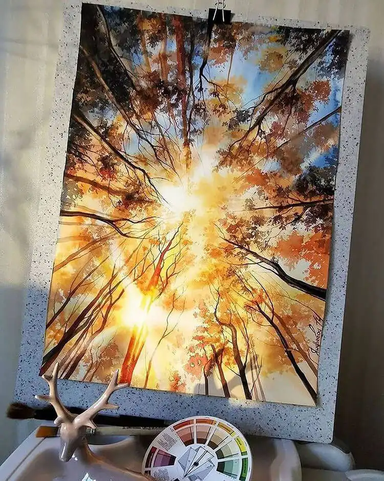 A beautiful Sky Through the Trees watercolor painting, depicting bright sunlight filtering through tree branches.