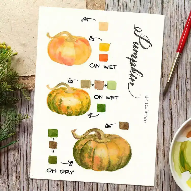 A realistic Pumpkin Tutorial watercolor painting, detailing its ribbed texture and warm orange tones for autumn.