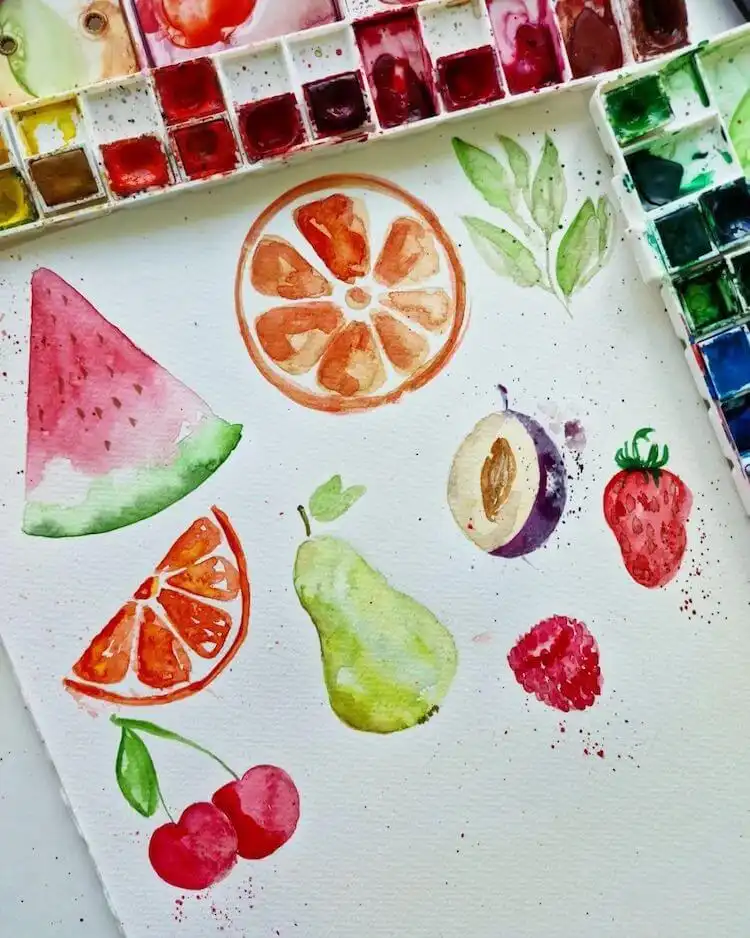 A colorful Summer Fruit composition in watercolor, featuring slices of orange, watermelon, strawberries, and cherries.