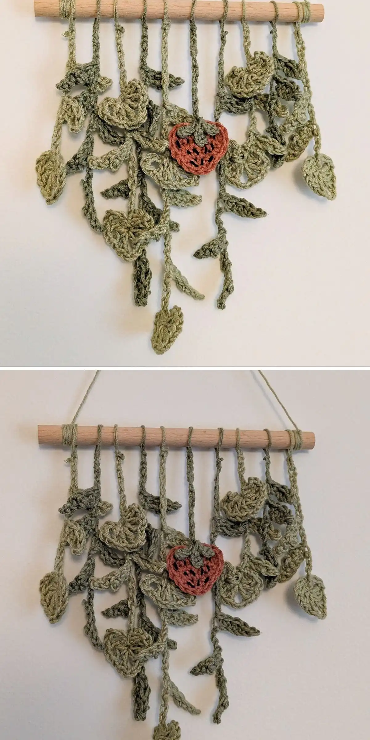 Wisteria Garland with Leaves Free Crochet Pattern 11 A bohemian-style crochet wall hanging tapestry with fringes, textured stitches, and wooden beads, hanging on a wall.
