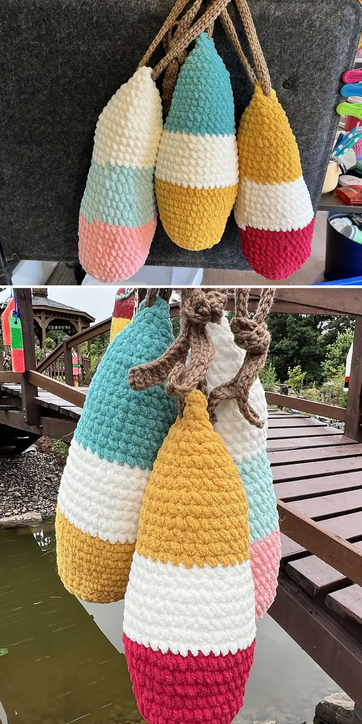 Wisteria Garland with Leaves Free Crochet Pattern 14 A cozy striped crochet mug warmer with a button closure wrapped around a ceramic coffee mug.