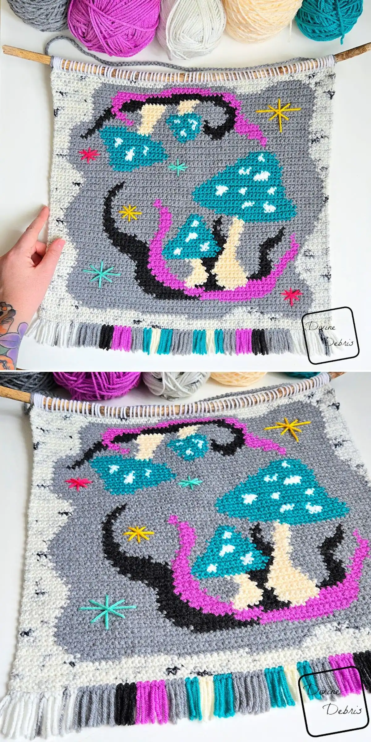 Wisteria Garland with Leaves Free Crochet Pattern 16 A stack of colorful striped cotton crochet dishcloths neatly folded in a kitchen.