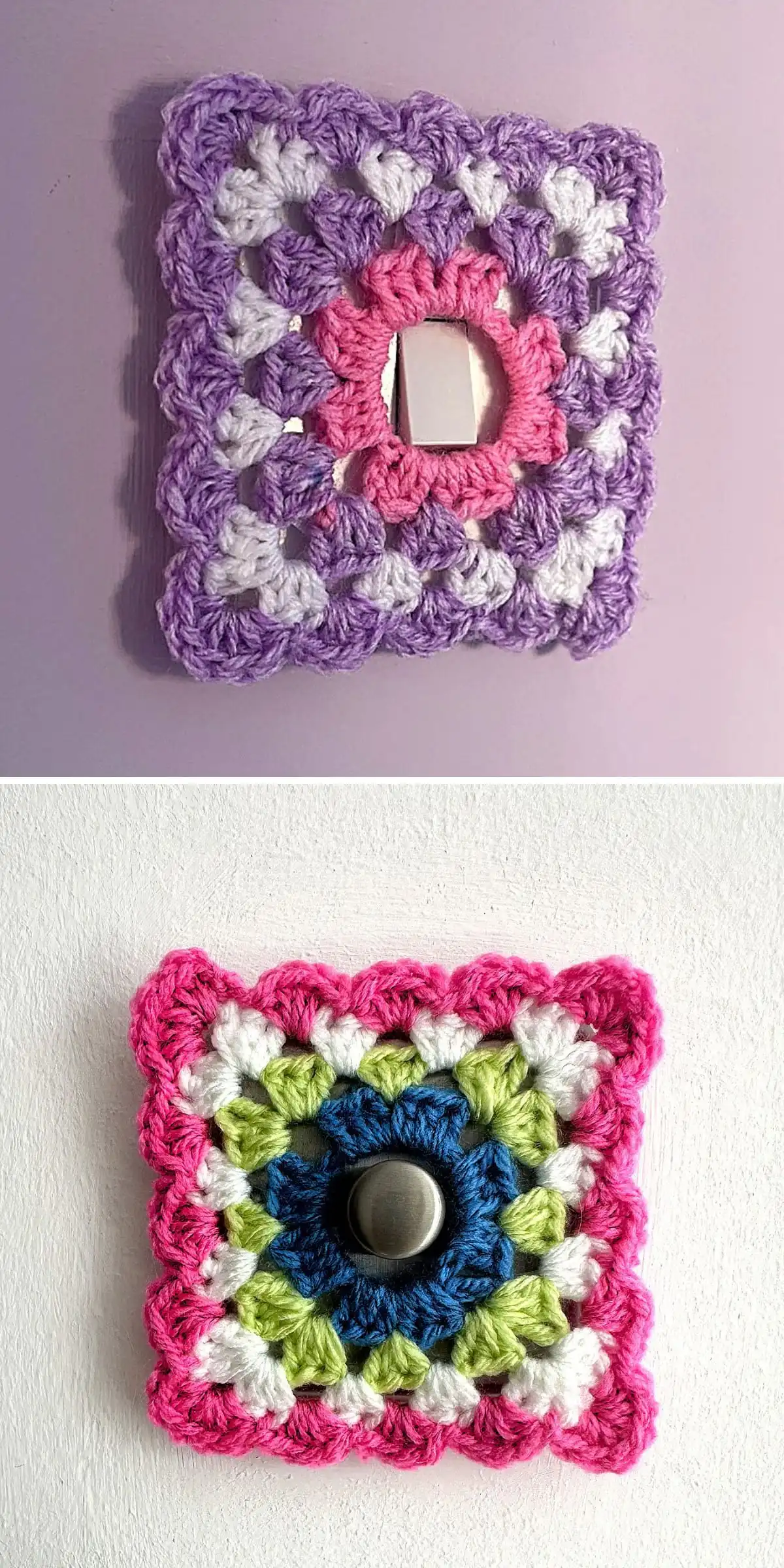Wisteria Garland with Leaves Free Crochet Pattern 19 A vibrant rainbow fringe garland made of colorful yarn tassels strung along a chain, hanging against a white wall.