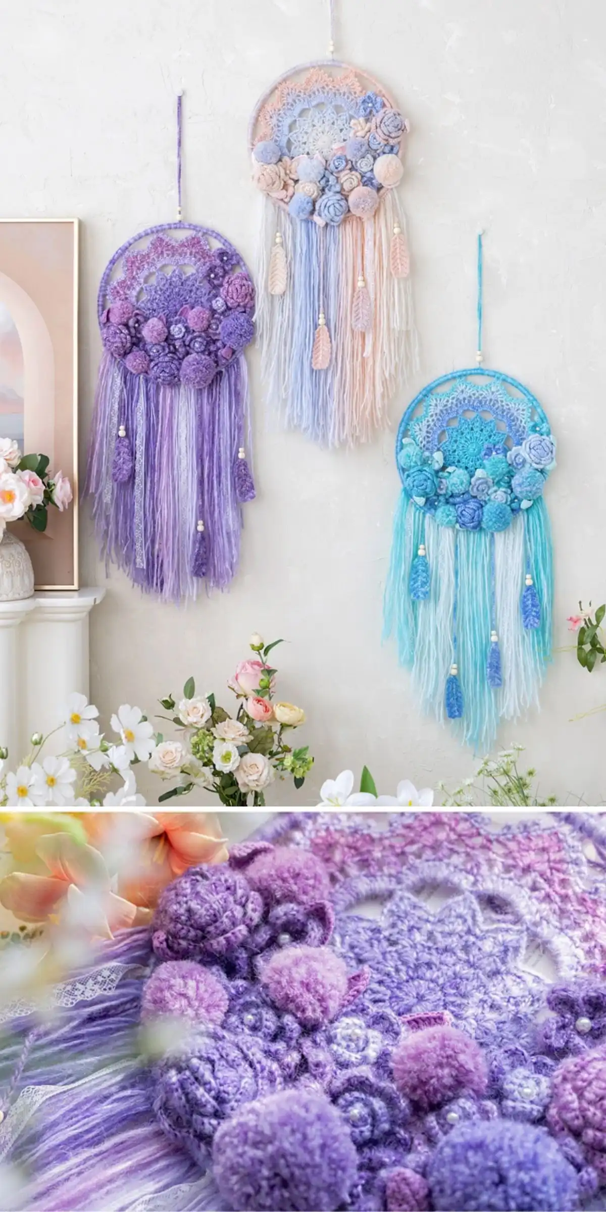 Wisteria Garland with Leaves Free Crochet Pattern 4 A stylish, macrame-style crocheted plant hanger in natural cotton holding a potted trailing plant.