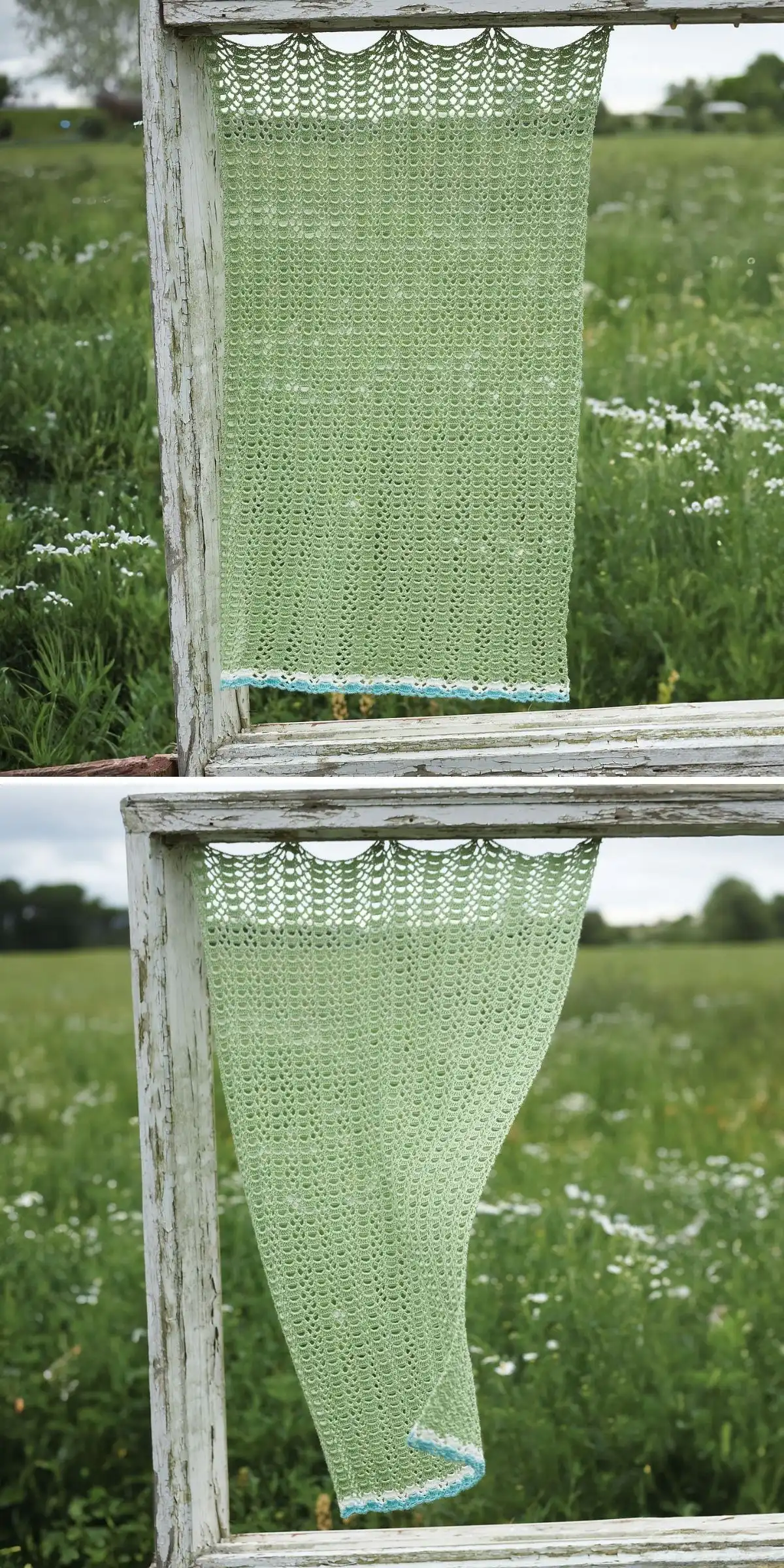 Wisteria Garland with Leaves Free Crochet Pattern 8 An elegant white crochet table runner featuring intricate floral motifs and lace details spread on a dining table.