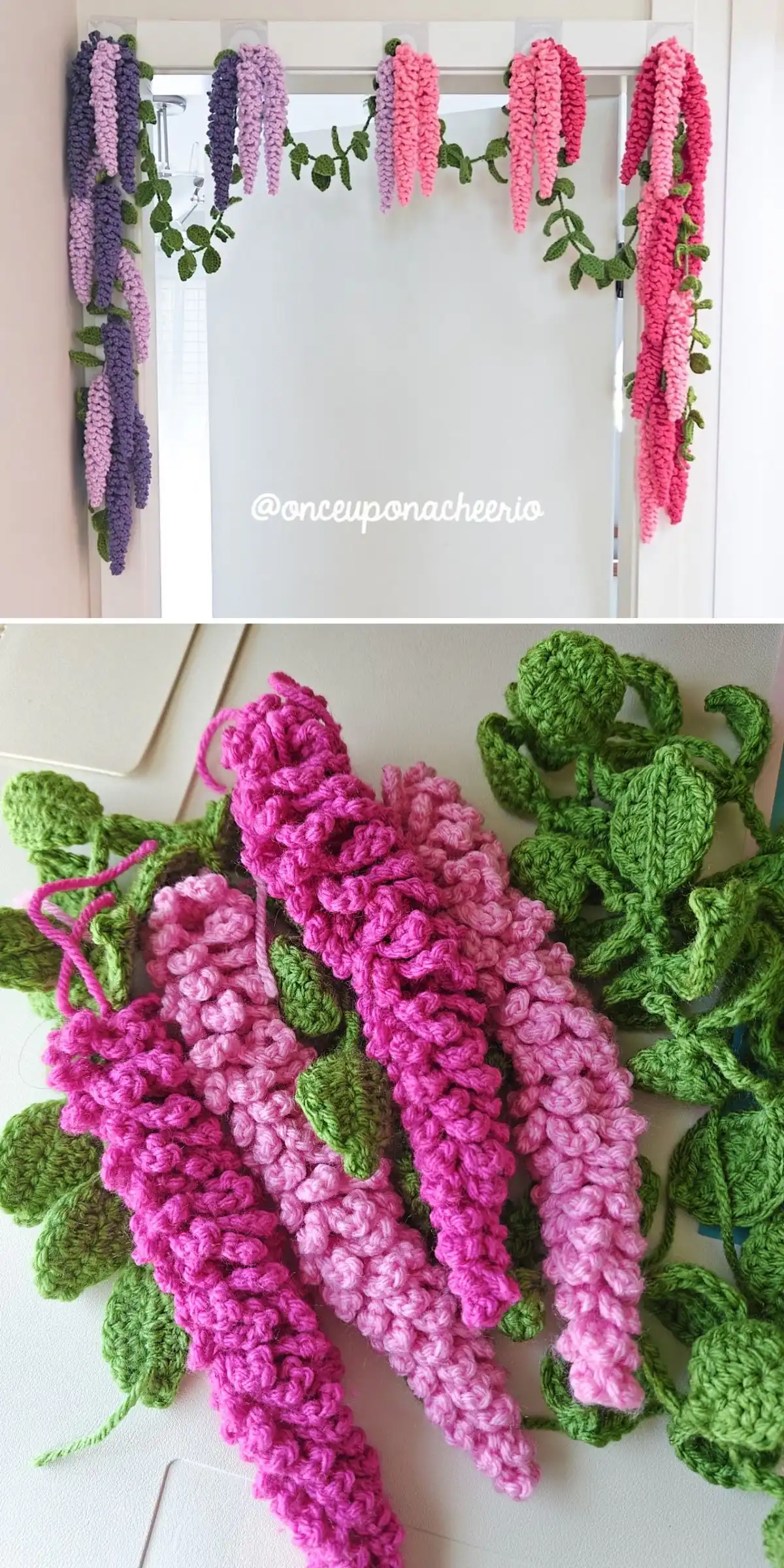 Wisteria Garland with Leaves Free Crochet Pattern 9 Two small, adorable amigurumi succulent plants in tiny brown crochet pots displayed on a shelf.