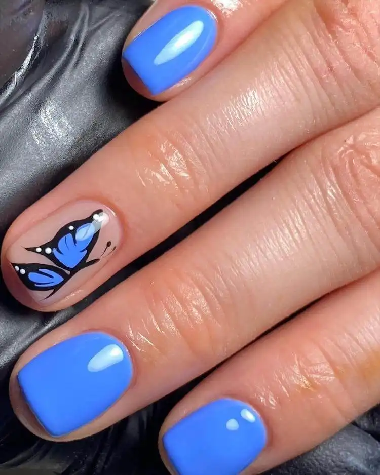 Elegant blue butterfly nail design, featuring delicate hand-painted wings on a light blue base, a wonderful blue nail design.