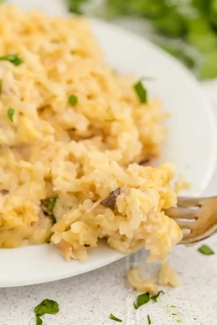 A large baking dish of creamy chicken and rice casserole, golden-brown and garnished with parsley.