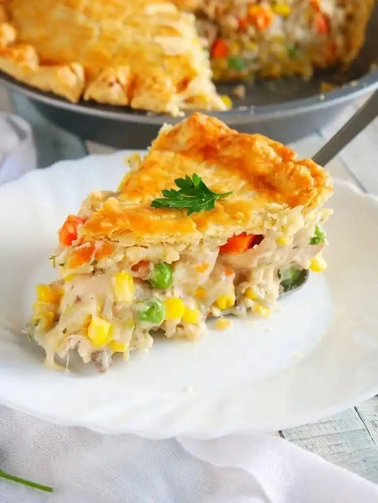 A classic simple chicken pot pie with a golden, flaky top crust, fresh from the oven.