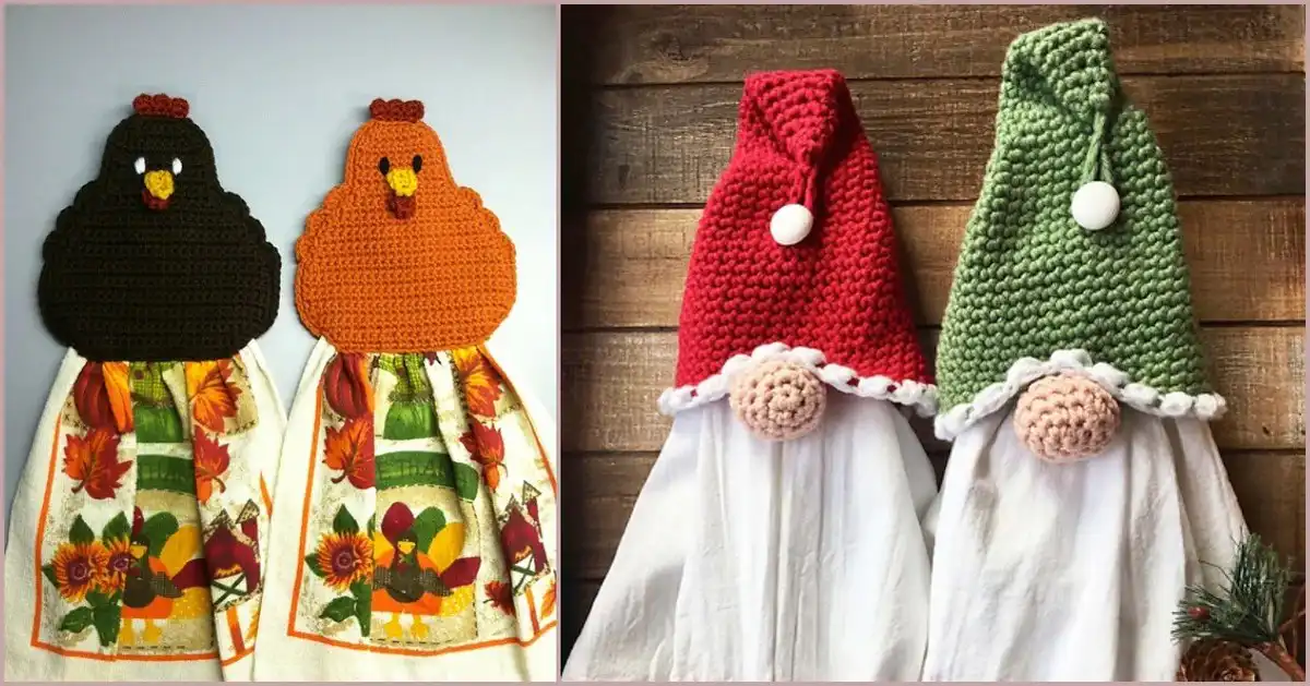 Collection of various crochet towel toppers for year-round home decor, including seasonal designs like bunnies, sunflowers, and gnomes, showcasing Year Round Towel Toppers Free Crochet Patterns.