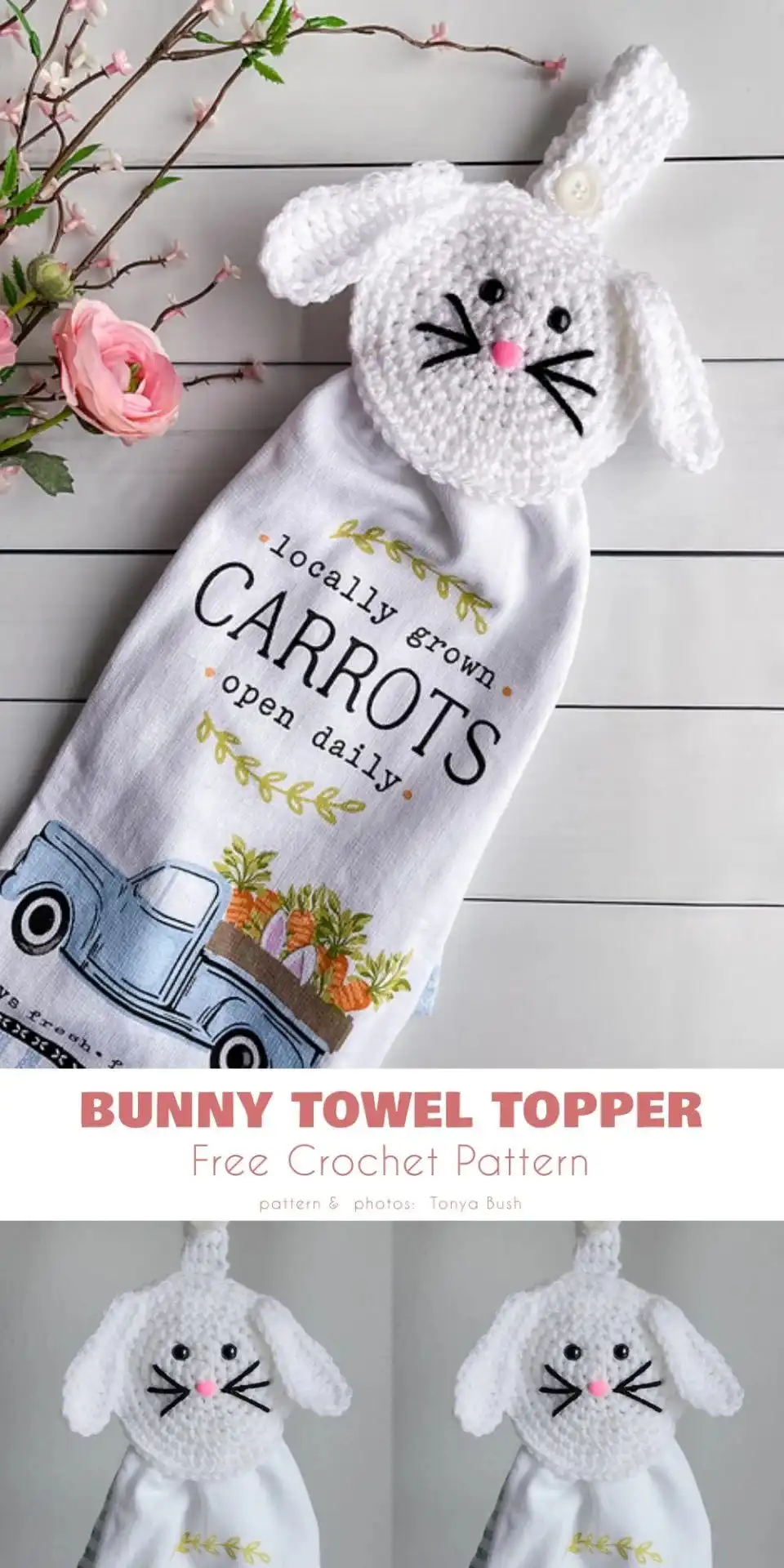 Crocheted bunny towel topper in pastel colors, featuring floppy ears and a sweet face, ideal for spring kitchen decor using Year Round Towel Toppers Free Crochet Patterns.