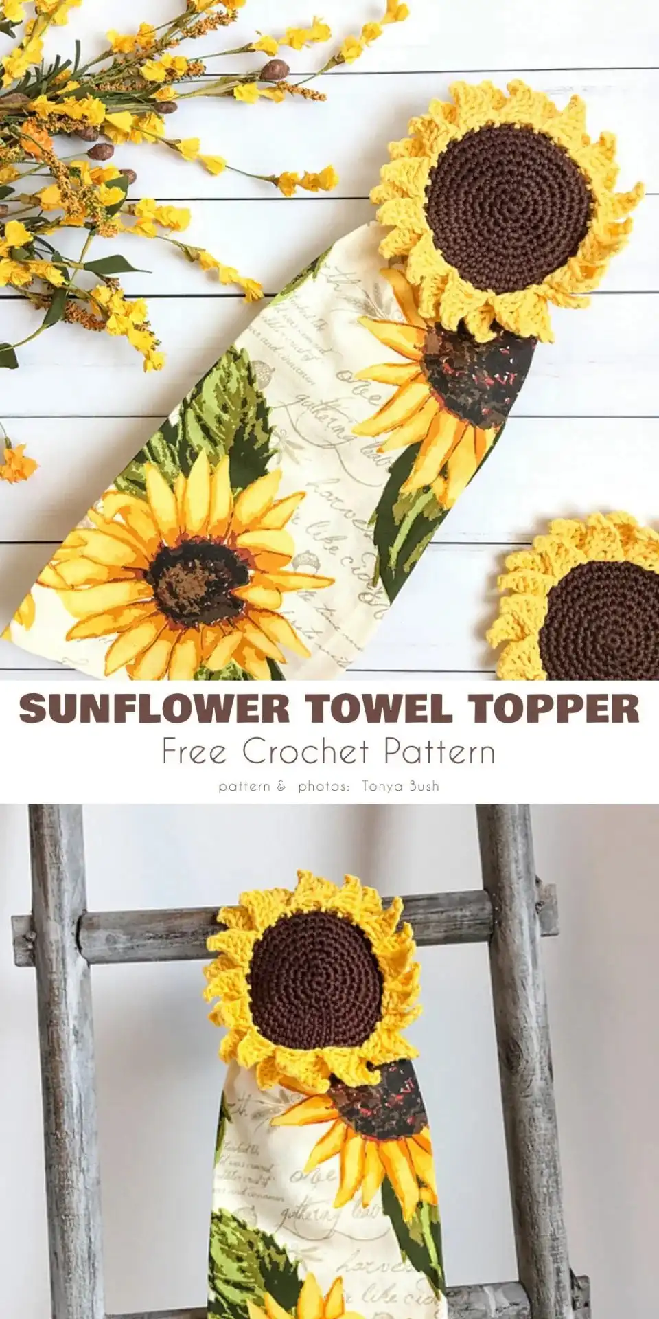Rustic crochet sunflower towel topper with a vibrant yellow and brown center, designed to hold kitchen towels securely, part of the Year Round Towel Toppers Free Crochet Patterns collection.
