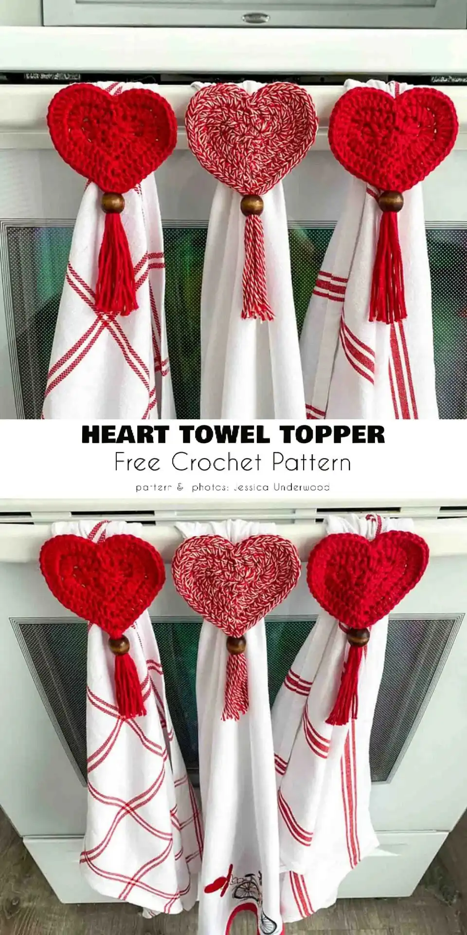 Heart-shaped crochet towel topper in red, symbolizing love and warmth, suitable for Valentine's Day or everyday kitchen and bathroom decor from Year Round Towel Toppers Free Crochet Patterns.
