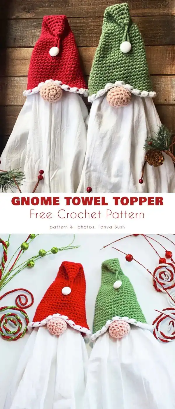 Whimsical crochet gnome towel topper with a tall hat and long beard, adding a playful touch to home decor, inspired by Year Round Towel Toppers Free Crochet Patterns.