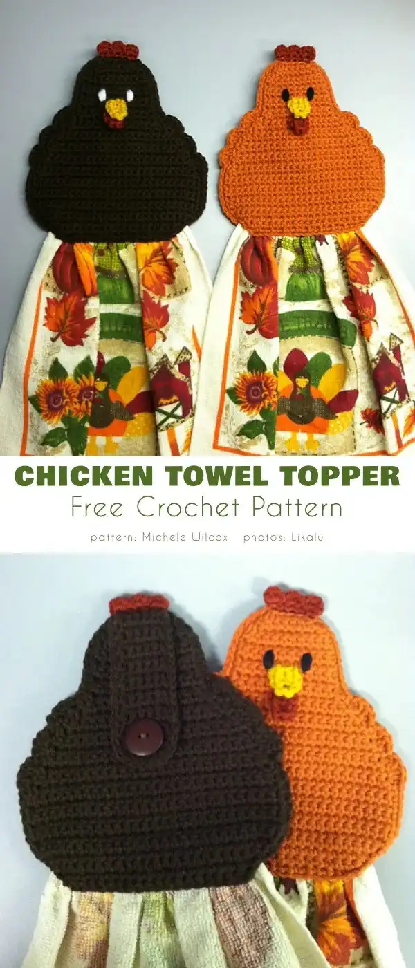 Crocheted chicken towel topper in white and red, perfect for a farmhouse kitchen or Easter decor, showcasing creative Year Round Towel Toppers Free Crochet Patterns.