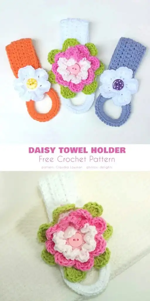 Bright and cheerful daisy crochet towel holder with white petals and a yellow center, ideal for spring or summer kitchen decor from Year Round Towel Toppers Free Crochet Patterns.