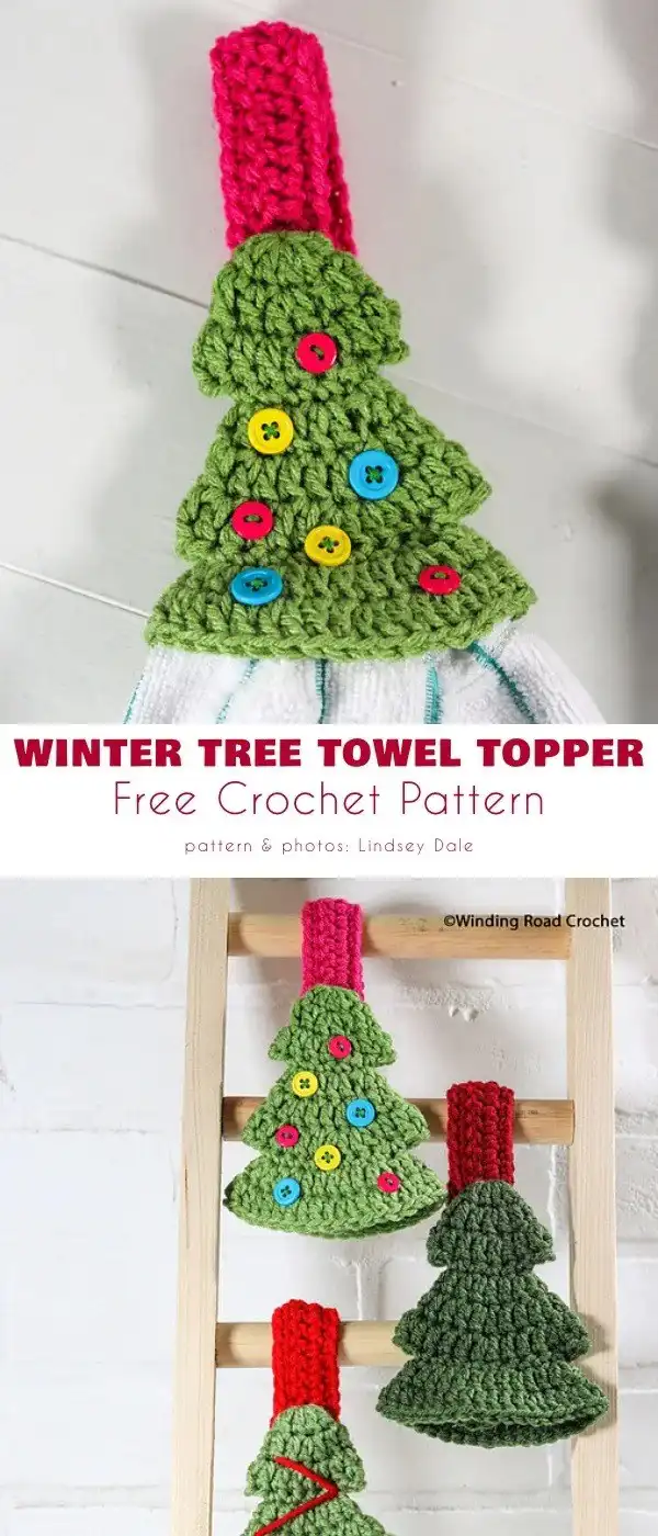 Crochet winter tree towel topper in green, adorned with small white 'snowflakes', offering a universal, evergreen design for festive or seasonal decor from Year Round Towel Toppers Free Crochet Patterns.