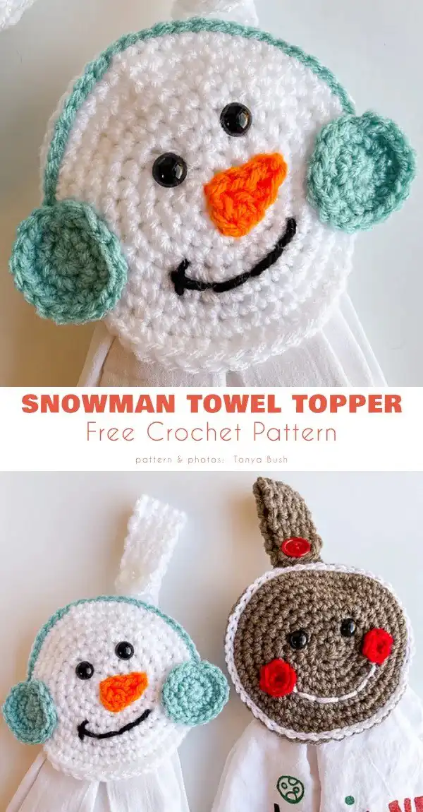 Cute crochet snowman towel topper with a blue hat and scarf, a fun and joyful addition to winter kitchen or bathroom decor, part of Year Round Towel Toppers Free Crochet Patterns.
