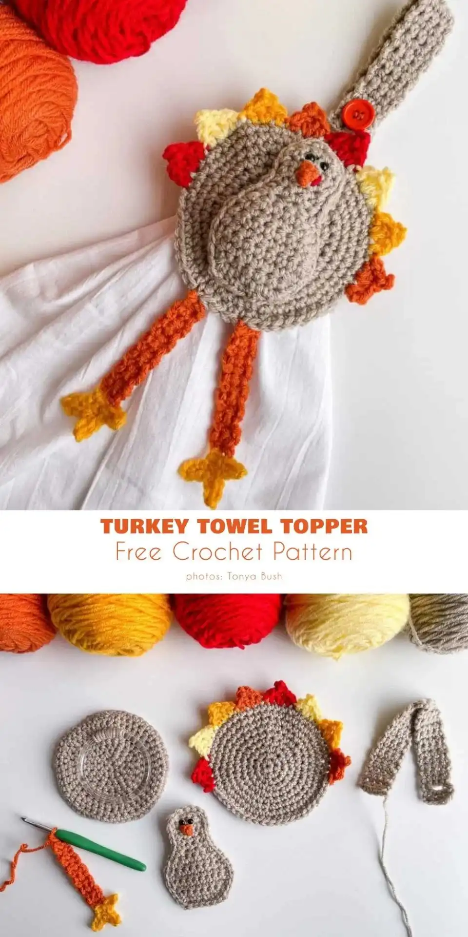 Festive crochet turkey towel topper in autumnal colors, ideal for Thanksgiving kitchen decor and fall celebrations, from the Year Round Towel Toppers Free Crochet Patterns collection.